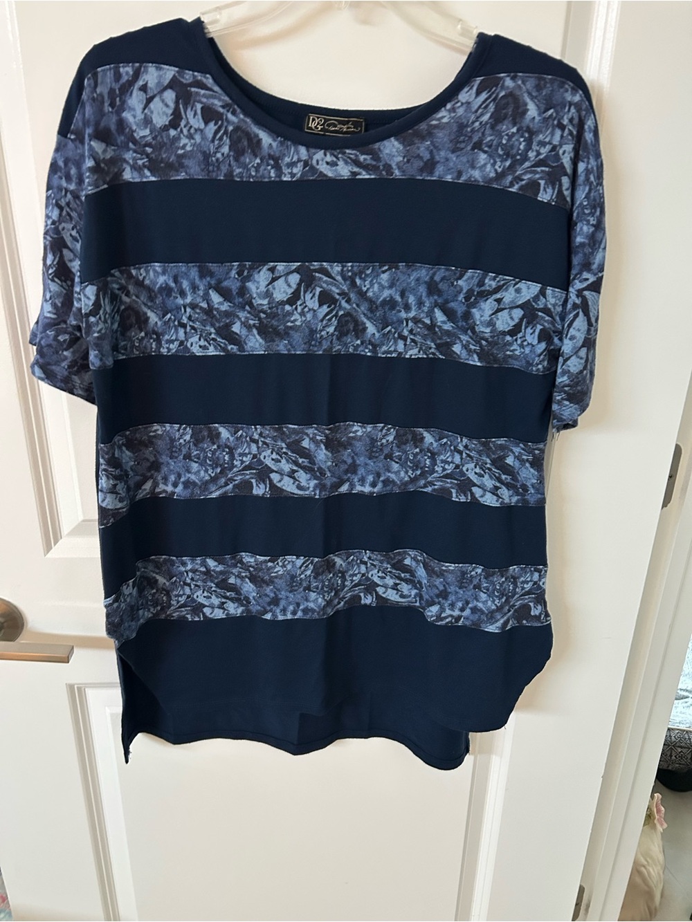 Donna Karan Navy and Light Blue Striped Short Sleeve Top